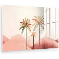 MuchoWow Glasschilderij 180x120 cm - Schilderij acrylglas - Palmbomen - Heuvels - Minimalistisch - Zachtroze - Foto op glas - Muurdecoratie woonkamer - Wanddecoratie slaapkamer - Schilderijen