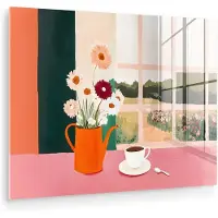 MuchoWow Glasschilderij 160x120 cm - Schilderij acrylglas - Bloemen - Koffie - Raam - Foto op glas - Muurdecoratie woonkamer - Wanddecoratie slaapkamer - Schilderijen