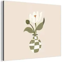 MuchoWow Aluminium schilderij 160x120 cm - Wanddecoratie metaal - Vaas - Geruit - Bloem - Groen - Metalen muurdecoratie woonkamer - Decoratie industrieel - Foto op dibond - Industriële accessoires slaapkamer