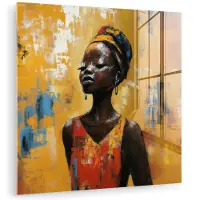 MuchoWow Glasschilderij 20x20 cm - Schilderij acrylglas - Vrouw - Ogen - Penseelstreken - Geel - Foto op glas - Muurdecoratie woonkamer - Wanddecoratie slaapkamer - Schilderijen