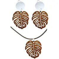 Charme Bijoux Set- Clip oorbellen- Ketting- Hout- Bruin- Boomblad-Zilverkleur-