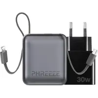 Phreeze Powerbank Mini PB03 - Kleine 10.000 mAh powerbank met Vaste Kabels - Inclusief 30W USB-C Snellader - Geschikt voor Apple iPhone & Samsung