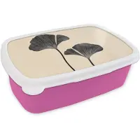 MuchoWow Broodtrommel Roze - Lunchbox Bladeren - Minimalistisch - Zwart - Brooddoos 18x12x6 cm - Brood lunch box - Broodtrommels voor kinderen en volwassenen