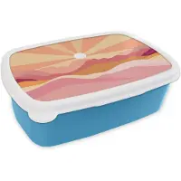 MuchoWow Broodtrommel Blauw - Lunchbox Bergen - Abstract - Zonnestralen - Roze - Brooddoos 18x12x6 cm - Brood lunch box - Broodtrommels voor kinderen en volwassenen