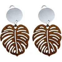 Charme Bijoux Clip oorbellen- Boomblad- Hout- Bruin- Zilverkleur-Geen gaatje- Lang-