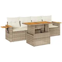 vidaXL 5-delige Loungeset met kussens poly rattan en acaciahout beige