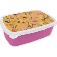 MuchoWow Broodtrommel Roze - Lunchbox Bloemen - Geschilderd - Geel - Brooddoos 18x12x6 cm - Brood lunch box - Broodtrommels voor kinderen en volwassenen
