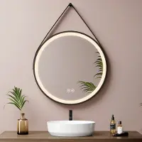 Emke LED Wandspiegel met Ophangriem - OLM04 - Dimbaare Verlichting met 3 Lichtkleuren - 50CM - IP44 Hangspiegel voor Badkamer Slaapkamer & Hal