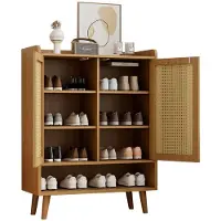 Merax Schoenenkast 80x35x105 cm – Rattan Deuren met Push-to-Open Systeem – 5 Opbergplanken – Massief Houten Poten – Licht Eiken Bruin Halmeubel