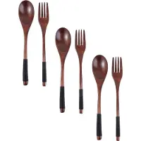 Somstyle Houten Bestek Set - 6 Stuks - Lepels & Vorken - Japanse Stijl - Bestekset met Lange Handgreep - Bruin