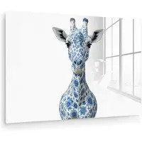 MuchoWow Glasschilderij 120x80 cm - Schilderij acrylglas - Giraffe - Delfts blauw - Dieren - Minimalistisch - Foto op glas - Muurdecoratie woonkamer - Wanddecoratie slaapkamer - Schilderijen