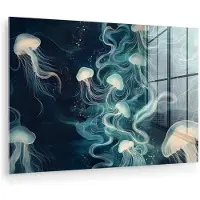 MuchoWow Glasschilderij 90x60 cm - Schilderij acrylglas - Kwallen - Zee - Wit - Golven - Foto op glas - Muurdecoratie woonkamer - Wanddecoratie slaapkamer - Schilderijen