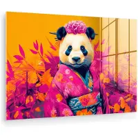 MuchoWow Glasschilderij 180x120 cm - Schilderij acrylglas - Kimono - Roze - Panda - Bloemenkroon - Foto op glas - Muurdecoratie woonkamer - Wanddecoratie slaapkamer - Schilderijen