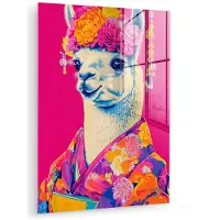 MuchoWow Glasschilderij 30x40 cm - Schilderij acrylglas - Lama - Kimono - Bloemenkrans - Felroze - Foto op glas - Muurdecoratie woonkamer - Wanddecoratie slaapkamer - Schilderijen