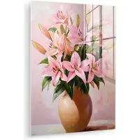MuchoWow Glasschilderij 120x160 cm - Schilderij acrylglas - Vaas - Bloemen - Roze - Foto op glas - Muurdecoratie woonkamer - Wanddecoratie slaapkamer - Schilderijen