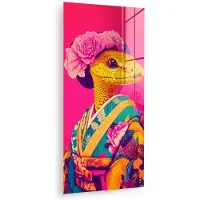 MuchoWow Glasschilderij 80x160 cm - Schilderij acrylglas - Hagedis - Bloemen - Roze - Kimono - Foto op glas - Muurdecoratie woonkamer - Wanddecoratie slaapkamer - Schilderijen