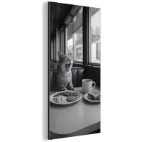 MuchoWow Aluminium schilderij 40x80 cm - Wanddecoratie metaal - Kat - Koffie - Brood - Zwart - Metalen muurdecoratie woonkamer - Decoratie industrieel - Foto op dibond - Industriële accessoires slaapkamer