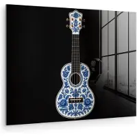 MuchoWow Glasschilderij 80x60 cm - Schilderij acrylglas - Ukelele - Delfts - Blauw - Muziek - Foto op glas - Muurdecoratie woonkamer - Wanddecoratie slaapkamer - Schilderijen