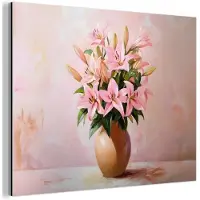 MuchoWow Aluminium schilderij 160x120 cm - Wanddecoratie metaal - Vaas - Bloemen - Roze - Metalen muurdecoratie woonkamer - Decoratie industrieel - Foto op dibond - Industriële accessoires slaapkamer