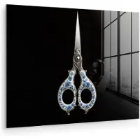 MuchoWow Glasschilderij 80x60 cm - Schilderij acrylglas - Schaar - Delfts blauw - Zwart - Foto op glas - Muurdecoratie woonkamer - Wanddecoratie slaapkamer - Schilderijen