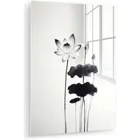 MuchoWow Glasschilderij 90x120 cm - Schilderij acrylglas - Bladeren - Zwart - Lotusbloem - Minimalitisch - Foto op glas - Muurdecoratie woonkamer - Wanddecoratie slaapkamer - Schilderijen