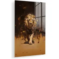 MuchoWow Glasschilderij 120x180 cm - Schilderij acrylglas - Leeuw - Geschilderd - Abstract - Goud - Foto op glas - Muurdecoratie woonkamer - Wanddecoratie slaapkamer - Schilderijen
