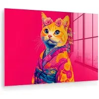 MuchoWow Glasschilderij 150x100 cm - Schilderij acrylglas - Kat - Kimono - Bloemen - Roze - Foto op glas - Muurdecoratie woonkamer - Wanddecoratie slaapkamer - Schilderijen