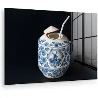 MuchoWow Glasschilderij 60x40 cm - Schilderij acrylglas - Kokosnoot - Eten - Delfts blauw - Drinken - Foto op glas - Muurdecoratie woonkamer - Wanddecoratie slaapkamer - Schilderijen