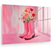 MuchoWow Glasschilderij 60x40 cm - Schilderij acrylglas - Roze - Bloemen - Cowboy - Foto op glas - Muurdecoratie woonkamer - Wanddecoratie slaapkamer - Schilderijen