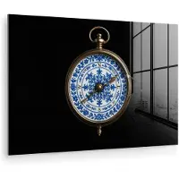 MuchoWow Glasschilderij 90x60 cm - Schilderij acrylglas - Kompas - Delfts blauw - Zwart - Foto op glas - Muurdecoratie woonkamer - Wanddecoratie slaapkamer - Schilderijen