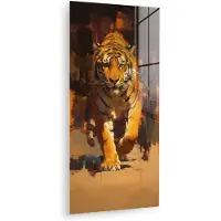 MuchoWow Glasschilderij 40x80 cm - Schilderij acrylglas - Tijger - Geschilderd - Oranje - Penseelstreken - Foto op glas - Muurdecoratie woonkamer - Wanddecoratie slaapkamer - Schilderijen