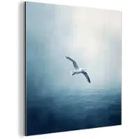MuchoWow Aluminium schilderij 20x20 cm - Wanddecoratie metaal - Meeuw - Wit - Zee - Mistig - Metalen muurdecoratie woonkamer - Decoratie industrieel - Foto op dibond - Industriële accessoires slaapkamer
