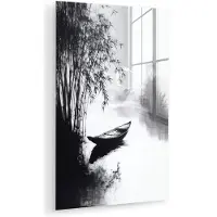 MuchoWow Glasschilderij 40x60 cm - Schilderij acrylglas - Boot - Rivier - Bamboe - Wit - Foto op glas - Muurdecoratie woonkamer - Wanddecoratie slaapkamer - Schilderijen