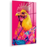MuchoWow Glasschilderij 60x90 cm - Schilderij acrylglas - Haan - Kleurrijk - Kimono - Roze - Foto op glas - Muurdecoratie woonkamer - Wanddecoratie slaapkamer - Schilderijen