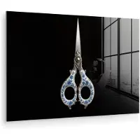 MuchoWow Glasschilderij 180x120 cm - Schilderij acrylglas - Schaar - Delfts blauw - Zwart - Foto op glas - Muurdecoratie woonkamer - Wanddecoratie slaapkamer - Schilderijen