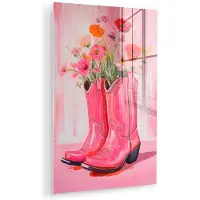 MuchoWow Glasschilderij 120x180 cm - Schilderij acrylglas - Roze - Bloemen - Cowboy - Foto op glas - Muurdecoratie woonkamer - Wanddecoratie slaapkamer - Schilderijen