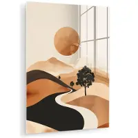 MuchoWow Glasschilderij 120x160 cm - Schilderij acrylglas - Zon - Heuvels - Boom - Abstract - Foto op glas - Muurdecoratie woonkamer - Wanddecoratie slaapkamer - Schilderijen
