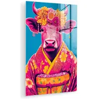 MuchoWow Glasschilderij 120x180 cm - Schilderij acrylglas - Koe - Bloemenkrans - Oorhangers - Kimono - Foto op glas - Muurdecoratie woonkamer - Wanddecoratie slaapkamer - Schilderijen