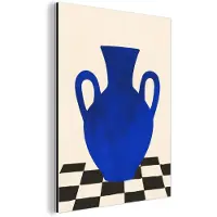 MuchoWow Aluminium schilderij 120x160 cm - Wanddecoratie metaal - Vaas - Blauw - Geblokt - Modern - Metalen muurdecoratie woonkamer - Decoratie industrieel - Foto op dibond - Industriële accessoires slaapkamer