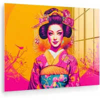 MuchoWow Glasschilderij 160x120 cm - Schilderij acrylglas - Bloemen - Vrouw - Kimono - Roze - Foto op glas - Muurdecoratie woonkamer - Wanddecoratie slaapkamer - Schilderijen
