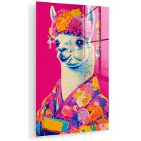 MuchoWow Glasschilderij 60x90 cm - Schilderij acrylglas - Lama - Kimono - Bloemenkrans - Felroze - Foto op glas - Muurdecoratie woonkamer - Wanddecoratie slaapkamer - Schilderijen