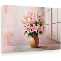 MuchoWow Glasschilderij 180x120 cm - Schilderij acrylglas - Vaas - Bloemen - Roze - Foto op glas - Muurdecoratie woonkamer - Wanddecoratie slaapkamer - Schilderijen