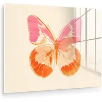 MuchoWow Glasschilderij 40x30 cm - Schilderij acrylglas - Oranje - Vlinder - Minimalistisch - Foto op glas - Muurdecoratie woonkamer - Wanddecoratie slaapkamer - Schilderijen