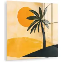 MuchoWow Glasschilderij 20x20 cm - Schilderij acrylglas - Illustratie - Palmboom - Zon - Heuvels - Foto op glas - Muurdecoratie woonkamer - Wanddecoratie slaapkamer - Schilderijen
