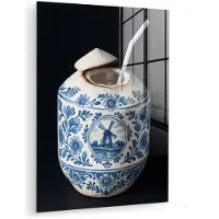 MuchoWow Glasschilderij 90x120 cm - Schilderij acrylglas - Kokosnoot - Eten - Delfts blauw - Drinken - Foto op glas - Muurdecoratie woonkamer - Wanddecoratie slaapkamer - Schilderijen