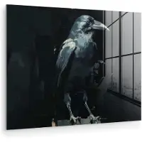 MuchoWow Glasschilderij 160x120 cm - Schilderij acrylglas - Raaf - Vogels - Zwart - Foto op glas - Muurdecoratie woonkamer - Wanddecoratie slaapkamer - Schilderijen