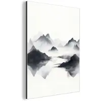 MuchoWow Aluminium schilderij 60x80 cm - Wanddecoratie metaal - Bergen - Mistig - Water - Wit - Metalen muurdecoratie woonkamer - Decoratie industrieel - Foto op dibond - Industriële accessoires slaapkamer