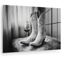 MuchoWow Glasschilderij 150x100 cm - Schilderij acrylglas - Wijn - Cowboylaarzen - Raamlicht - Wit - Foto op glas - Muurdecoratie woonkamer - Wanddecoratie slaapkamer - Schilderijen