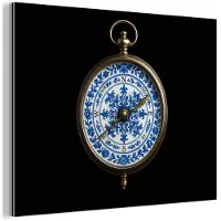 MuchoWow Aluminium schilderij 160x120 cm - Wanddecoratie metaal - Kompas - Delfts blauw - Zwart - Metalen muurdecoratie woonkamer - Decoratie industrieel - Foto op dibond - Industriële accessoires slaapkamer