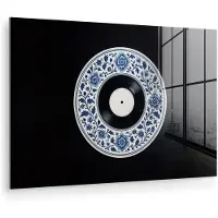MuchoWow Glasschilderij 180x120 cm - Schilderij acrylglas - Vinyl - LP - Delfts Blauw - Muziek - Foto op glas - Muurdecoratie woonkamer - Wanddecoratie slaapkamer - Schilderijen